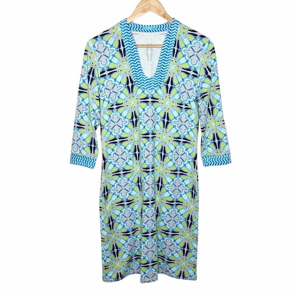 J McLaughlin Catalina Cloth Midi Sheath Dress Blue Green Geometric Womens Small